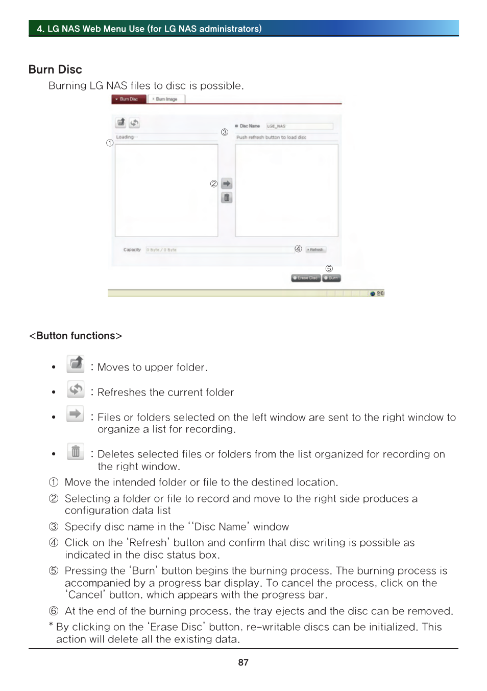 Burn disc | LG Network Attached Storage with built-in Blu-ray Rewriter N4B1 User Manual | Page 87 / 157