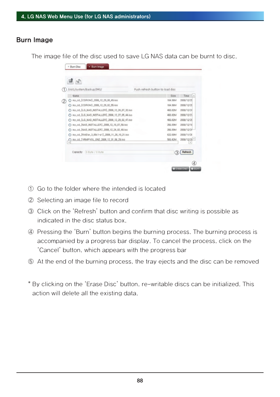 Burn image | LG Network Attached Storage with built-in Blu-ray Rewriter N4B1 User Manual | Page 88 / 157