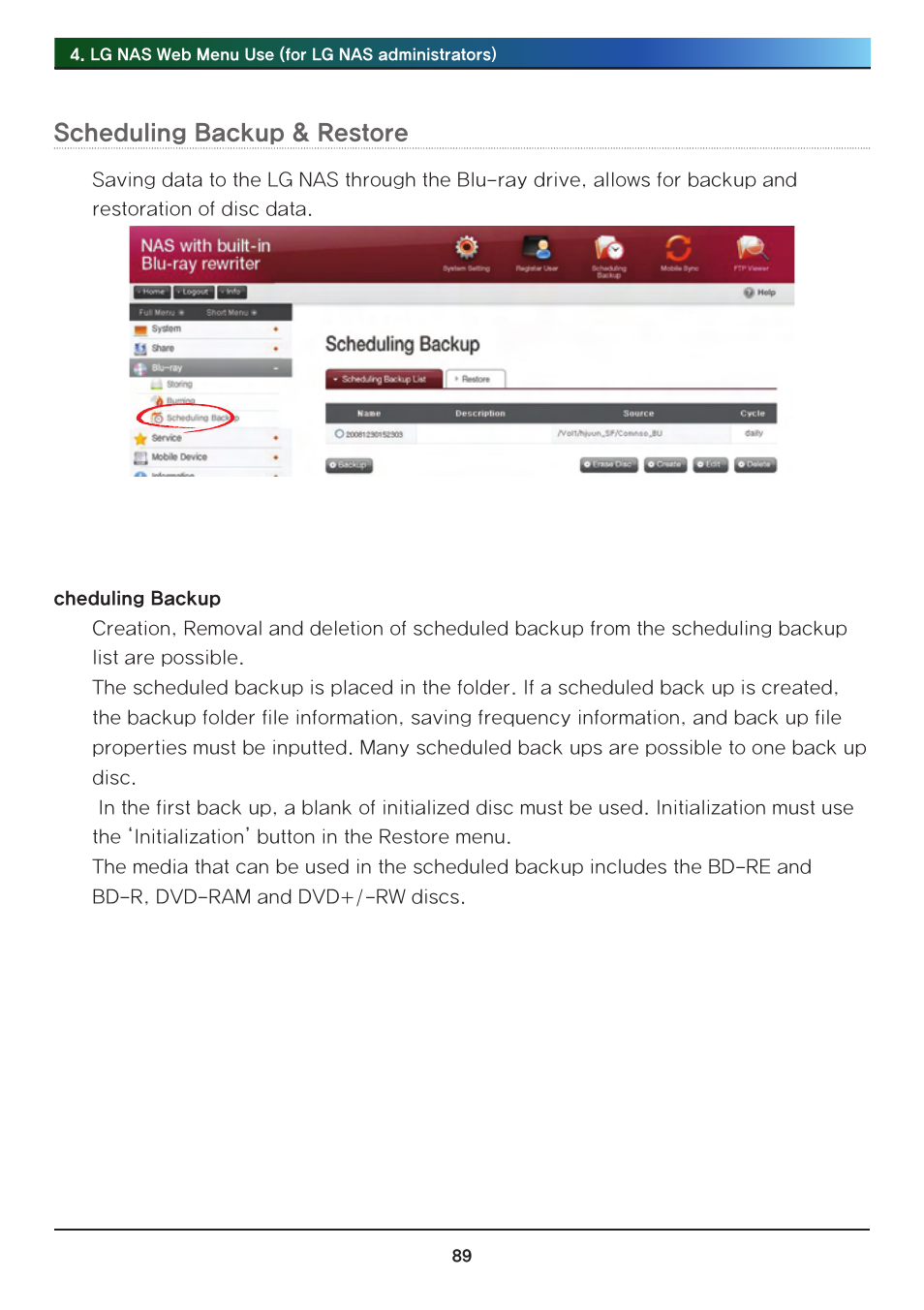 Scheduling backup & restore | LG Network Attached Storage with built-in Blu-ray Rewriter N4B1 User Manual | Page 89 / 157