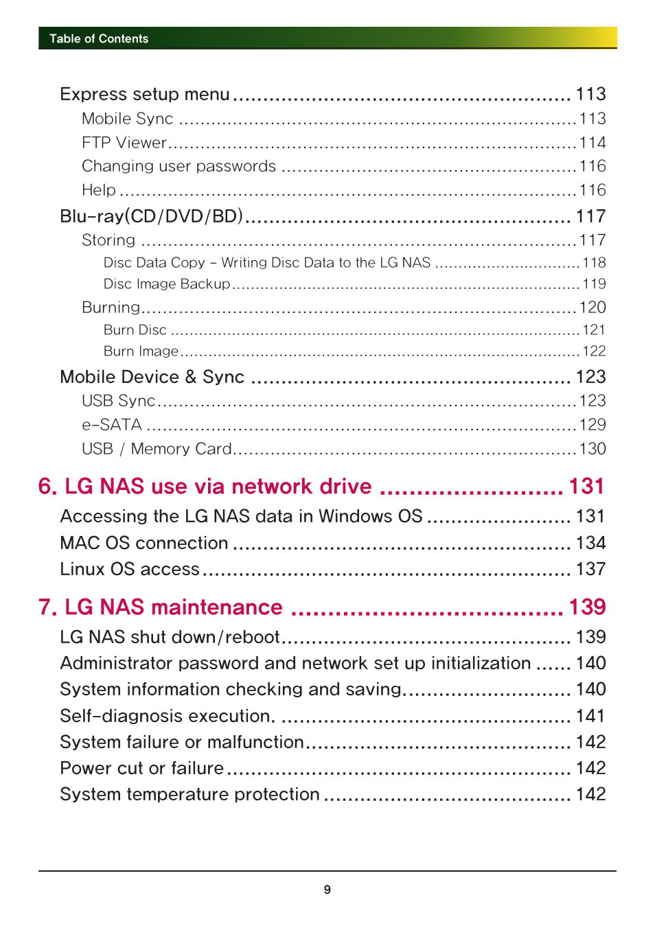 Lg nas use via network drive 1, Lg nas maintenance | LG Network Attached Storage with built-in Blu-ray Rewriter N4B1 User Manual | Page 9 / 157