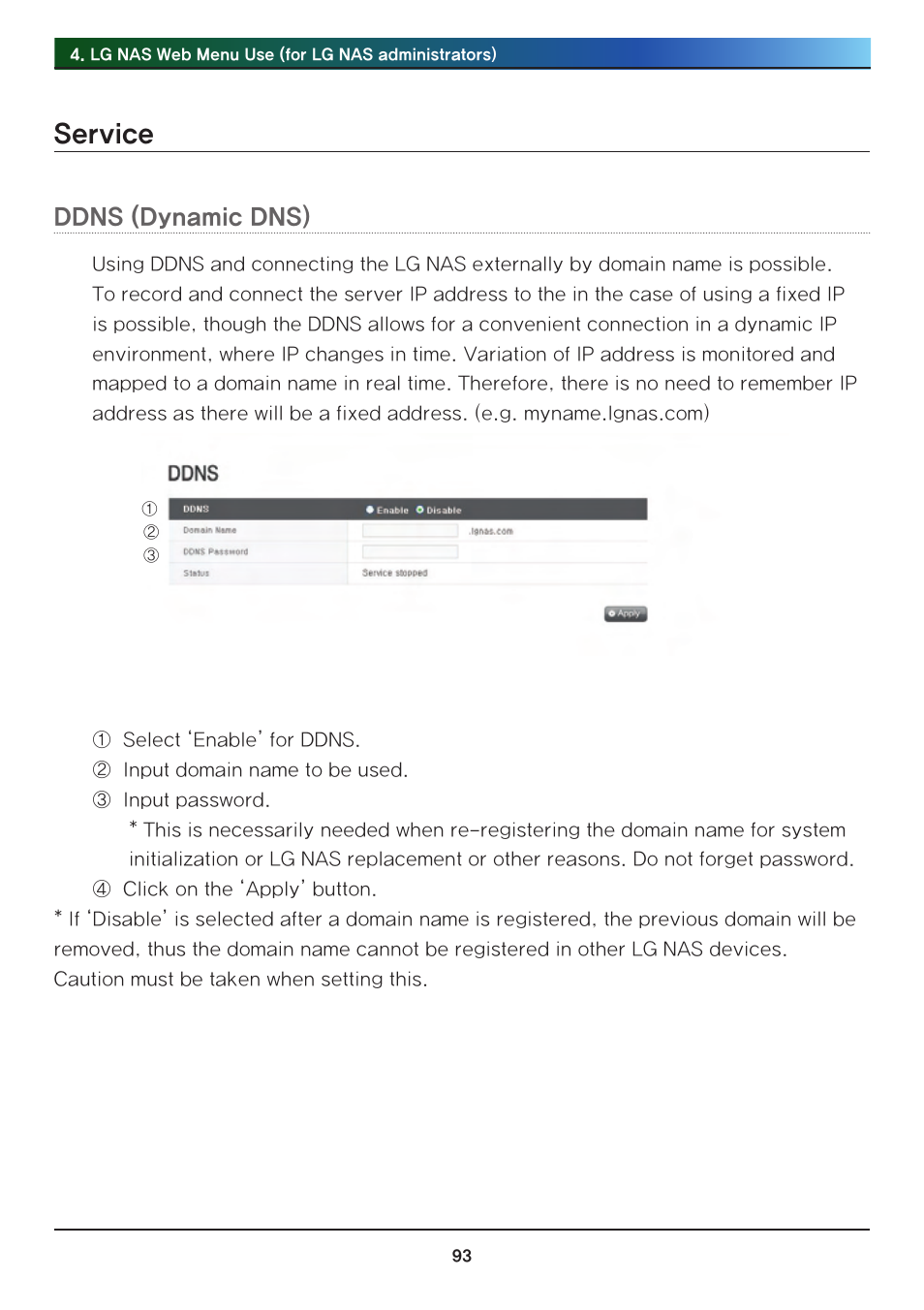 Service, Ddns (dynamic dns), Ddns | LG Network Attached Storage with built-in Blu-ray Rewriter N4B1 User Manual | Page 93 / 157