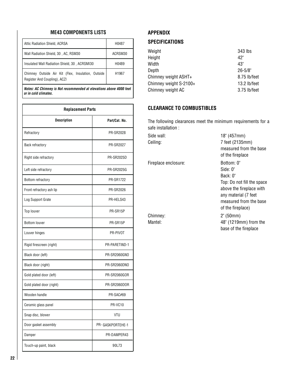 Appendix specifications, Clearance to combustibles, Me43 components lists | LG ELITE ME43BK SP User Manual | Page 22 / 24