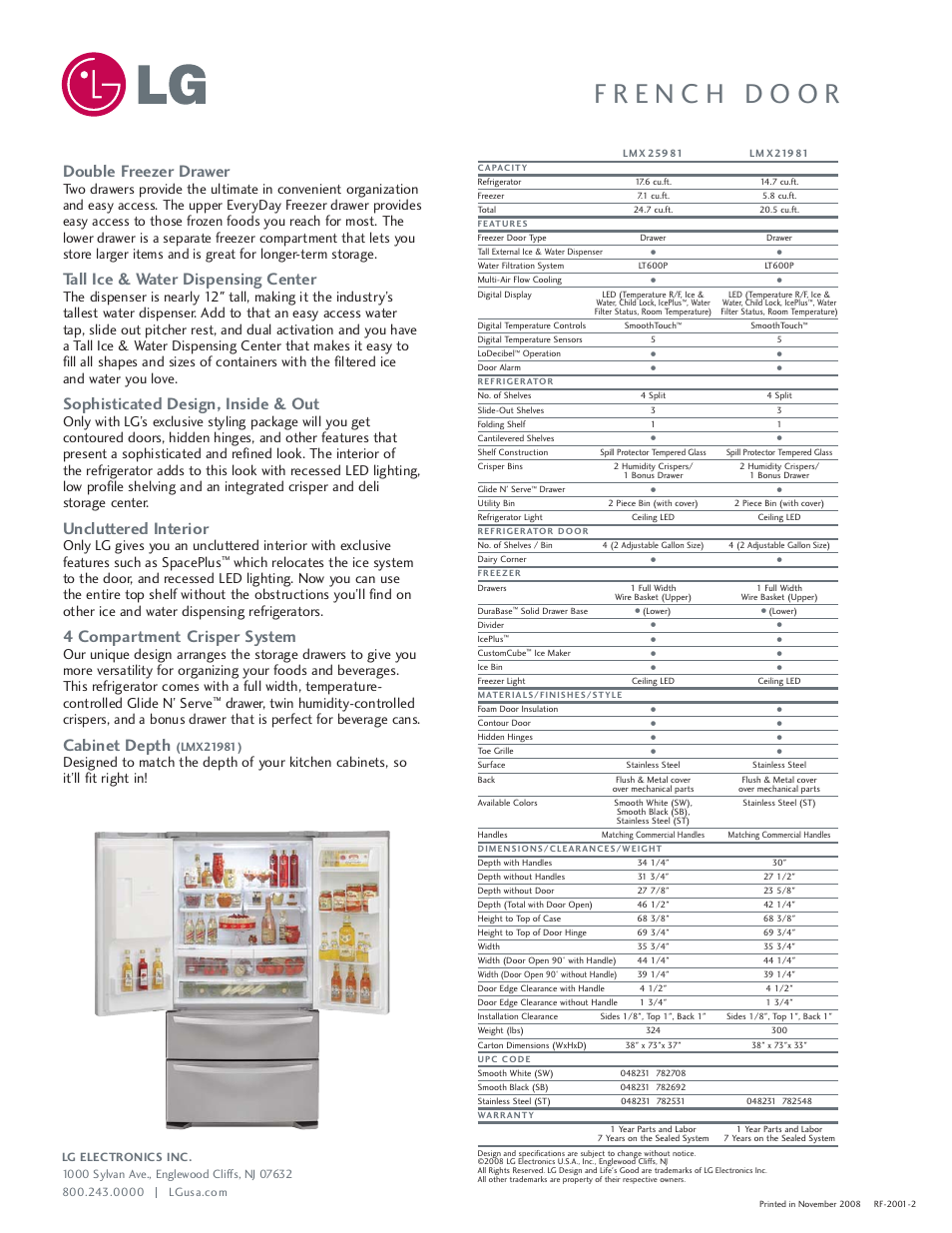 Double freezer drawer, Tall ice & water dispensing center, Sophisticated design, inside & out | Uncluttered interior, 4 compartment crisper system, Cabinet depth | LG LMX25981** User Manual | Page 2 / 2