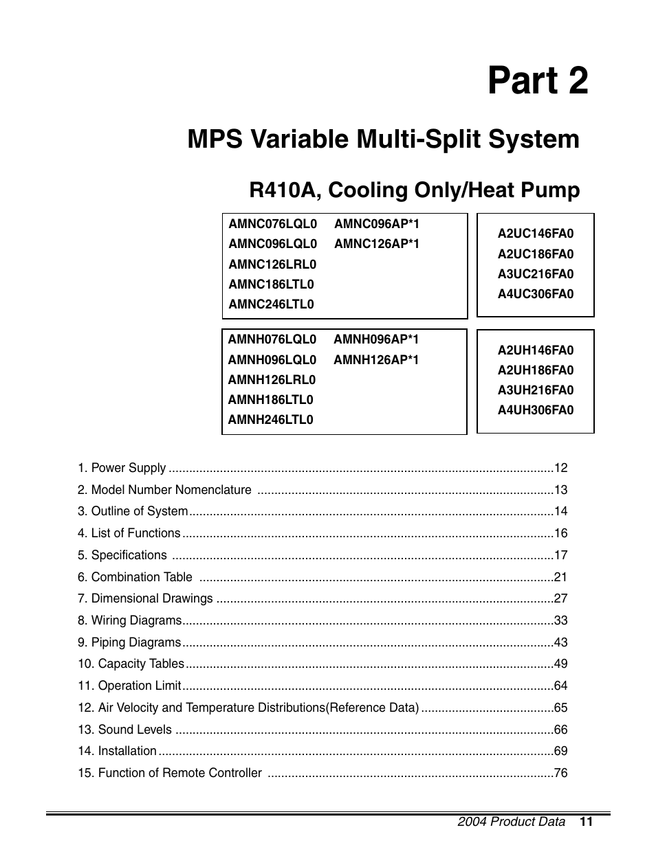 Part 2, Mps variable multi-split system, R410a, cooling only/heat pump | LG LM50 2004-E1 User Manual | Page 12 / 78
