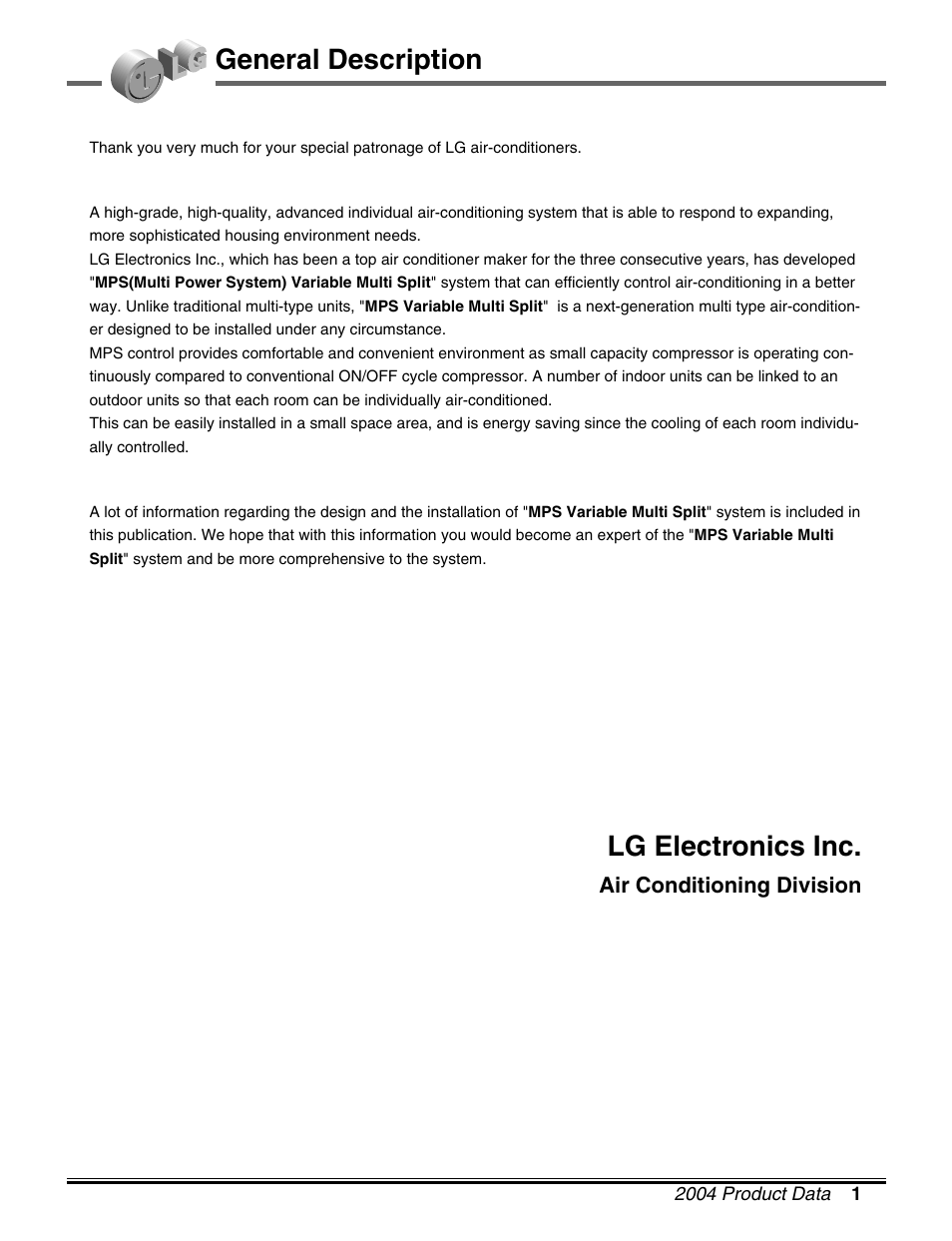 General description, Lg electronics inc, Air conditioning division | LG LM50 2004-E1 User Manual | Page 2 / 78
