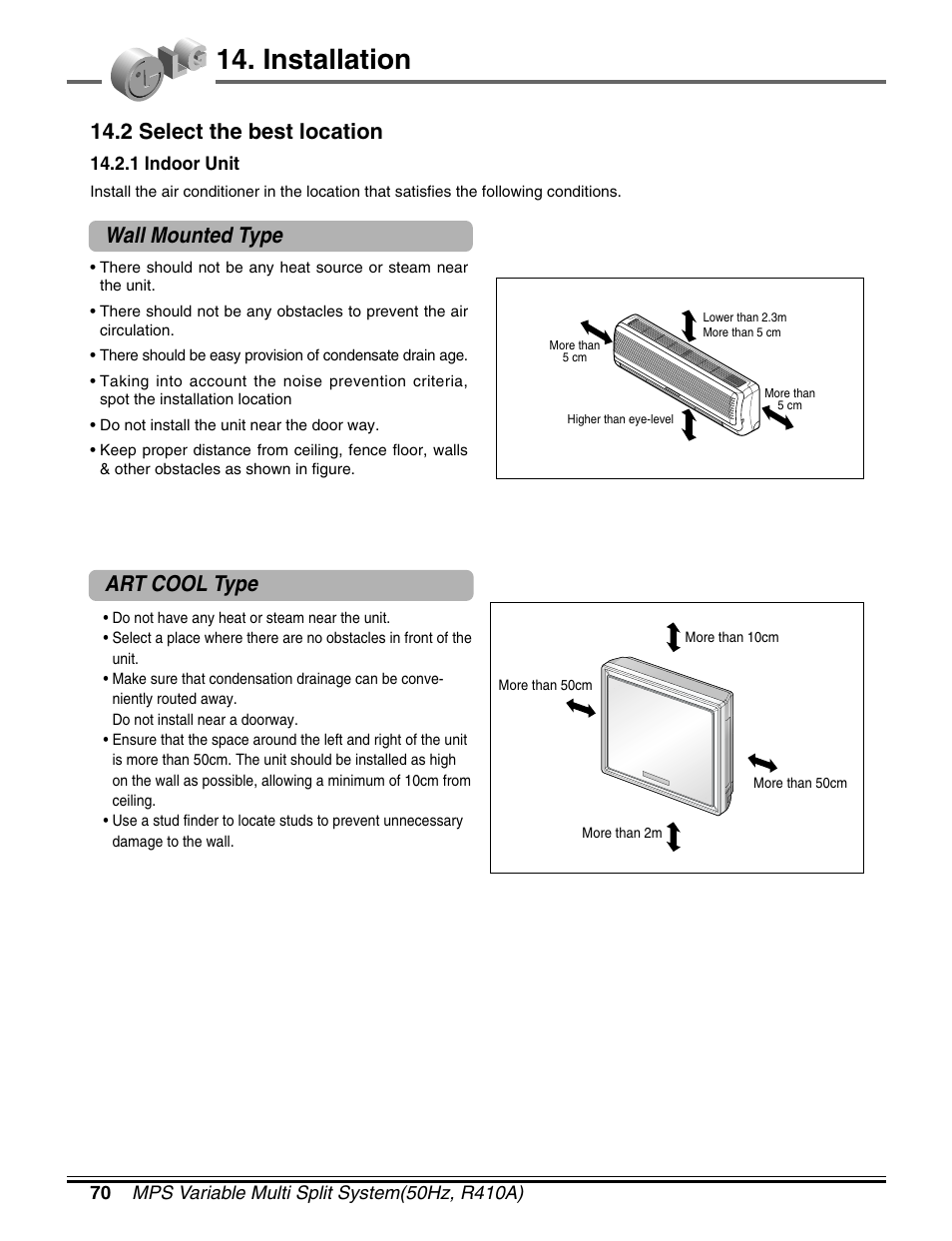 Installation, 2 select the best location, Wall mounted type art cool type | LG LM50 2004-E1 User Manual | Page 71 / 78