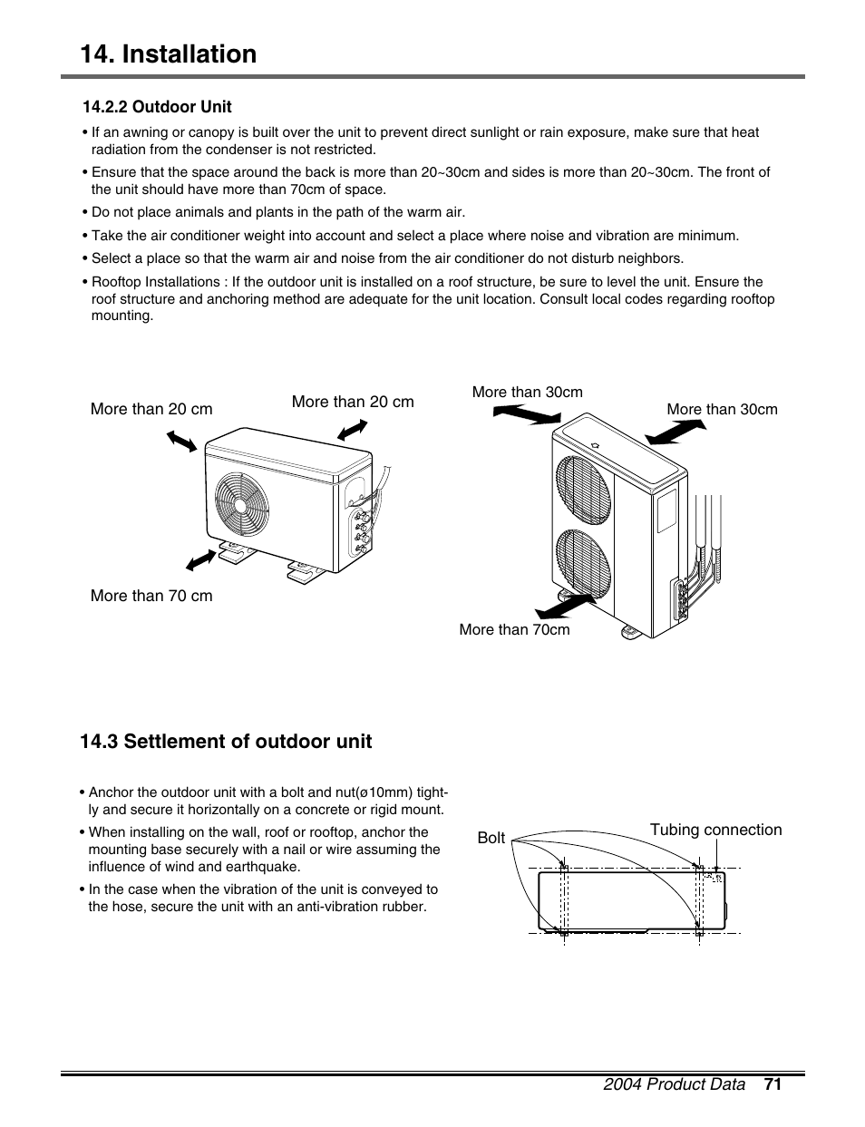 Installation, 3 settlement of outdoor unit | LG LM50 2004-E1 User Manual | Page 72 / 78