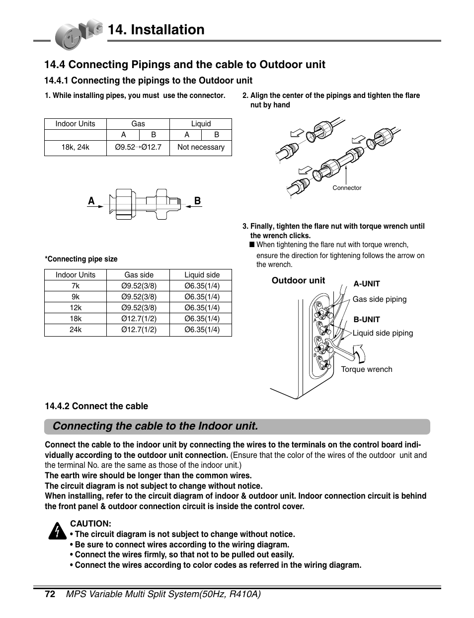 Installation, 4 connecting pipings and the cable to outdoor unit, Connecting the cable to the indoor unit | LG LM50 2004-E1 User Manual | Page 73 / 78