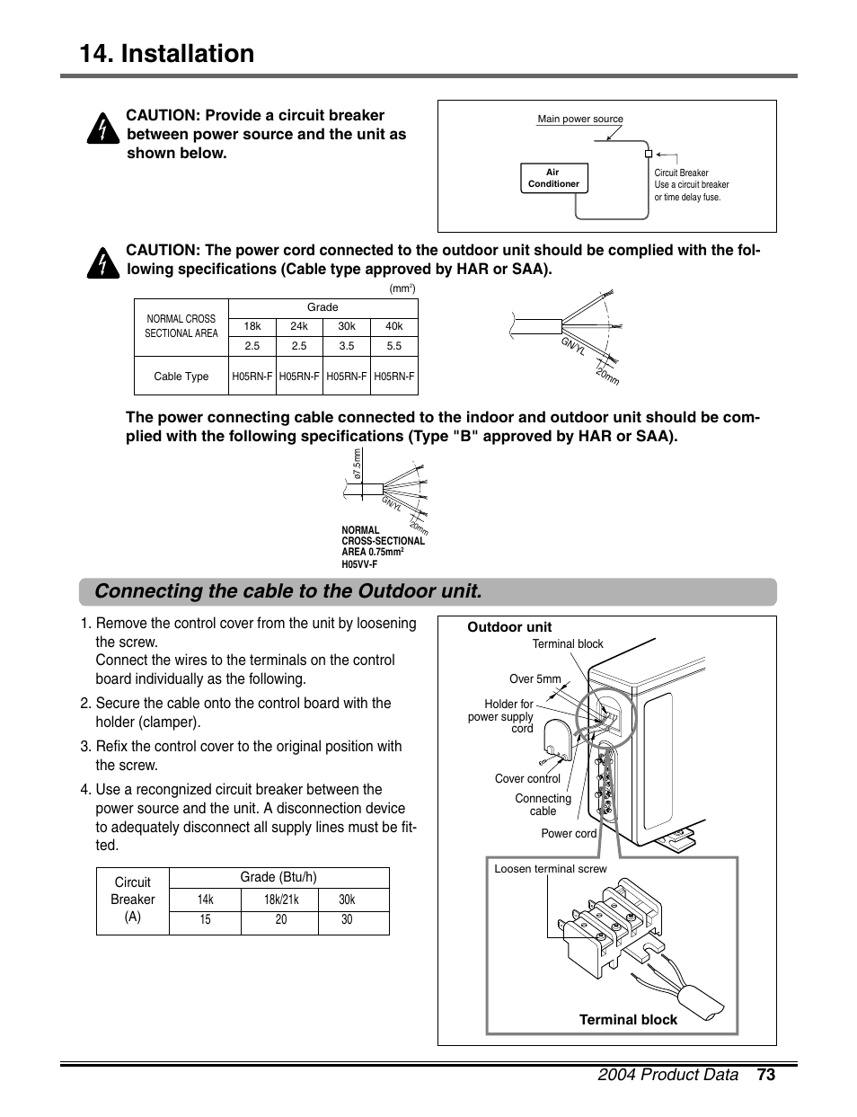 Installation, Connecting the cable to the outdoor unit | LG LM50 2004-E1 User Manual | Page 74 / 78