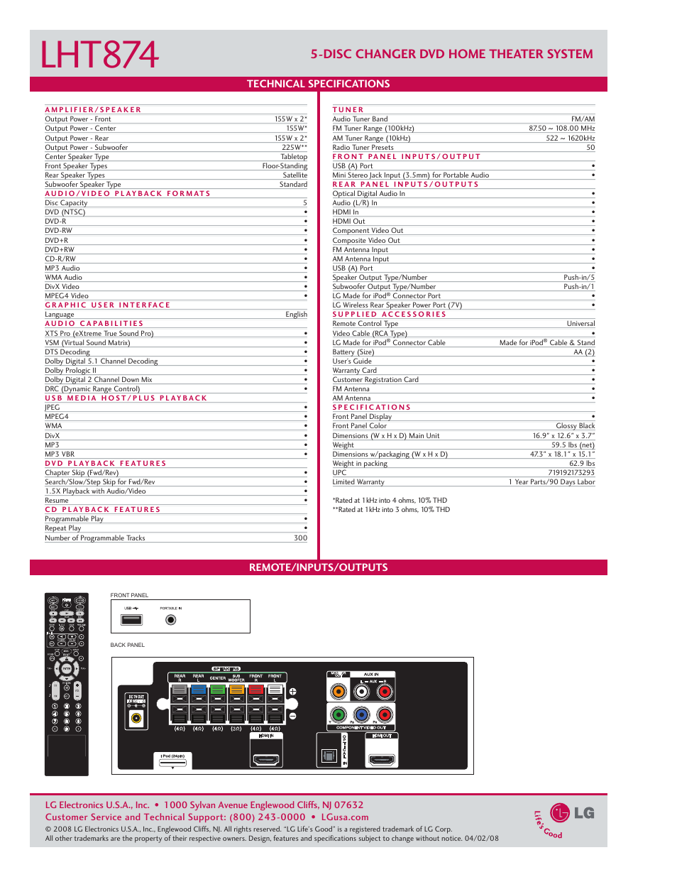 Lht874, Disc changer dvd home theater system, Technical specifications | Remote/inputs/outputs | LG LHT874 User Manual | Page 2 / 2