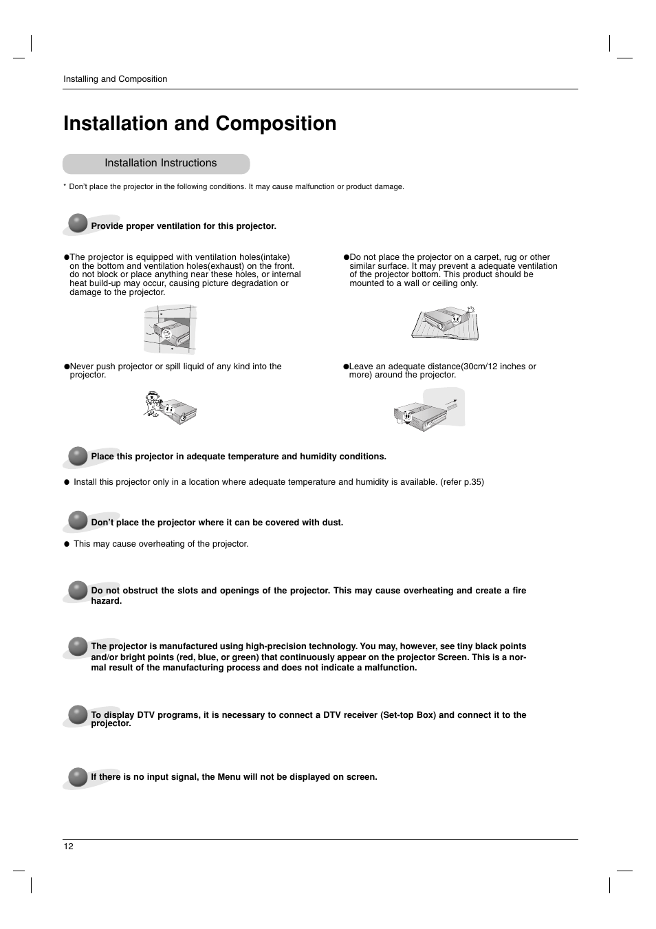 Installation and composition, Installation instructions | LG BX220-JD User Manual | Page 12 / 36