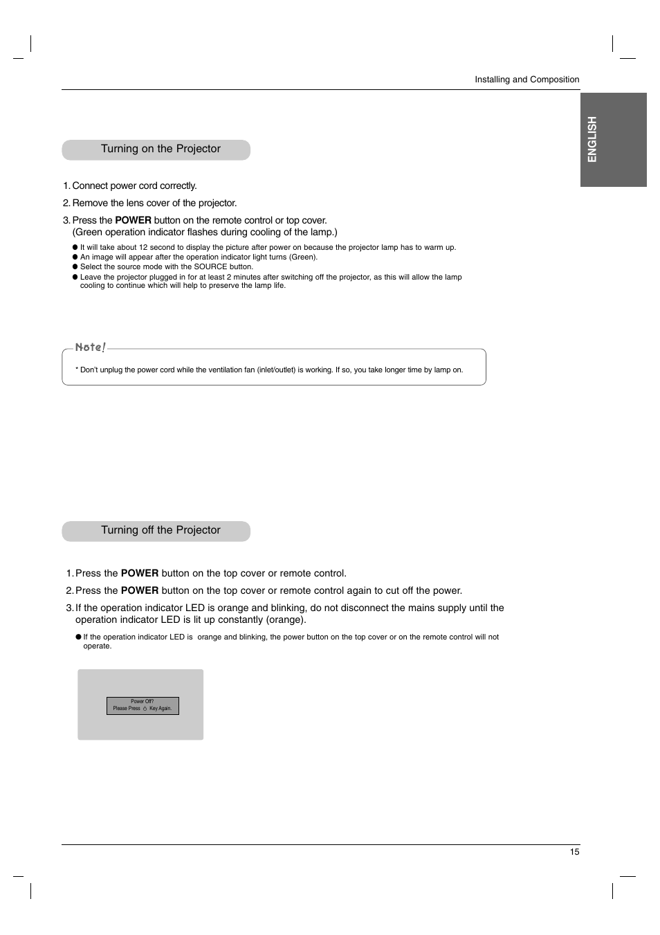 English, Turning on the projector turning off the projector | LG BX220-JD User Manual | Page 15 / 36