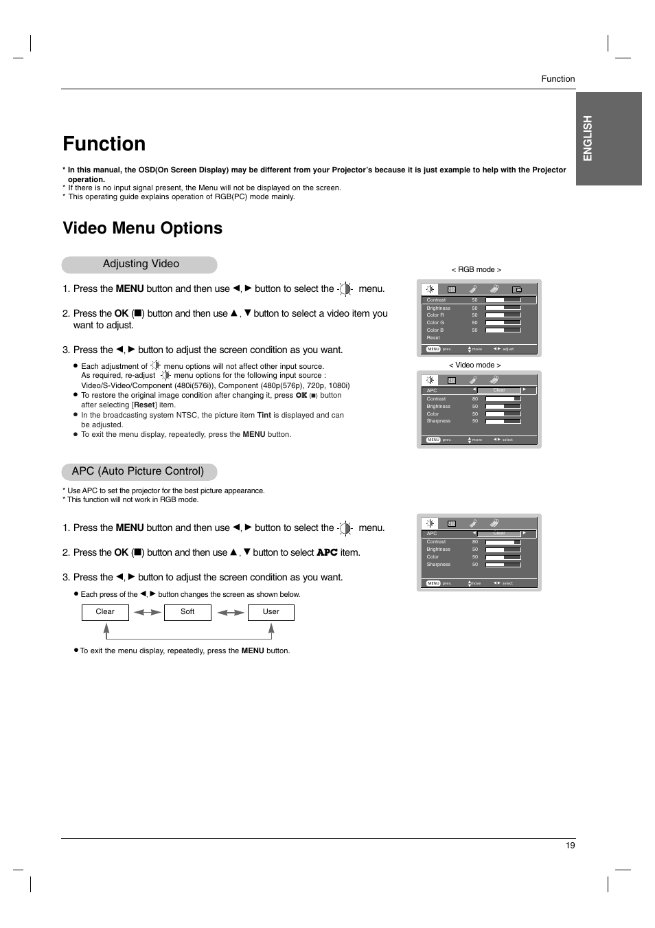 Function, Video menu options, English | Adjusting video, Apc (auto picture control), Press the menu button and then use, Button to select the menu. 2. press the ok, Button and then use, Button to adjust the screen condition as you want, Button to select | LG BX220-JD User Manual | Page 19 / 36