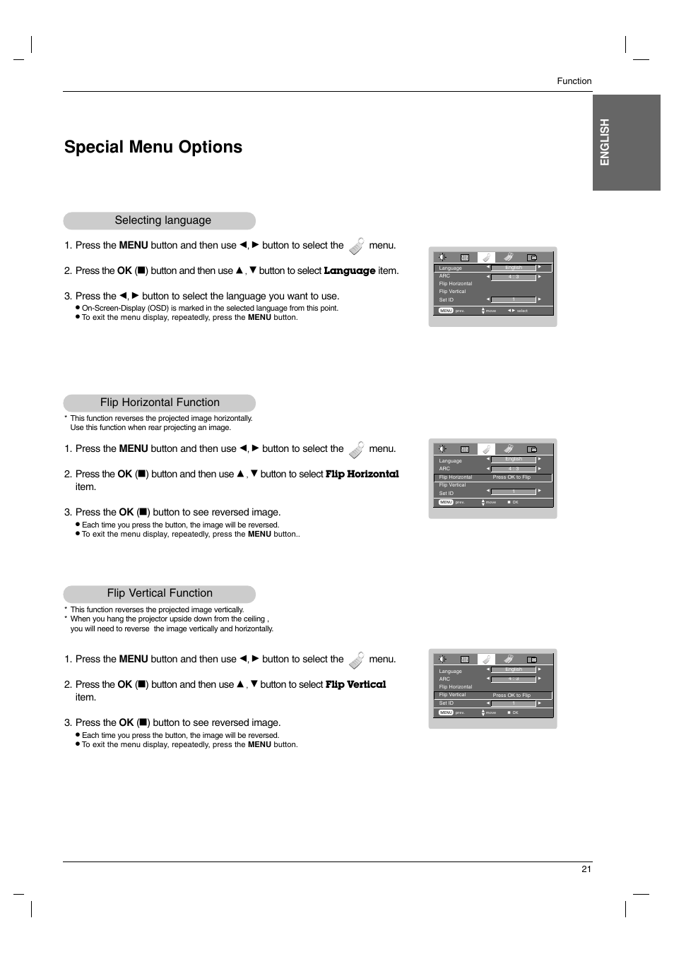 Special menu options, English, Selecting language | Flip horizontal function, Flip vertical function, Press the menu button and then use, Button to select the menu. 2. press the ok, Button and then use, Button to select, Item. 3. press the | LG BX220-JD User Manual | Page 21 / 36