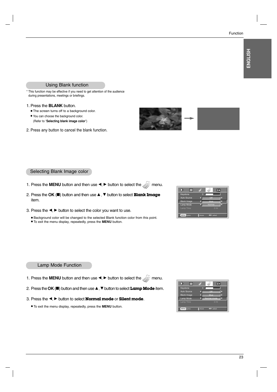 English, Using blank function, Selecting blank image color | Lamp mode function, Press the blank button, Press any button to cancel the blank function, Press the menu button and then use, Button to select the menu. 2. press the ok, Button and then use, Button to select | LG BX220-JD User Manual | Page 23 / 36