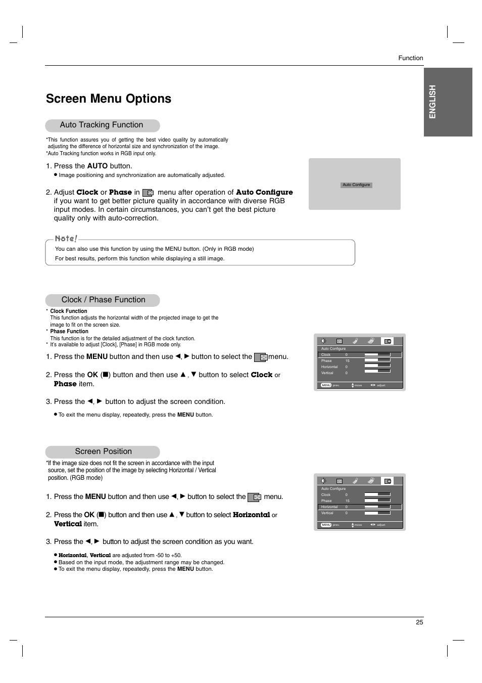 Screen menu options, English, Screen position | Clock / phase function, Auto tracking function | LG BX220-JD User Manual | Page 25 / 36