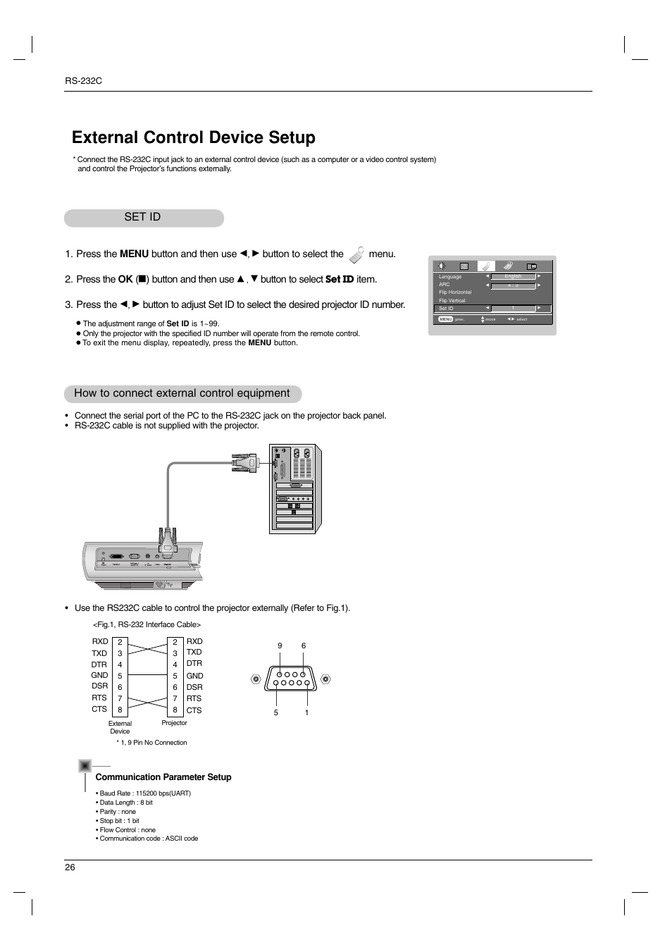 External control device setup, Set id how to connect external control equipment, Press the menu button and then use | Button to select the menu. 2. press the ok, Button and then use, Button to select, Item. 3. press the | LG BX220-JD User Manual | Page 26 / 36