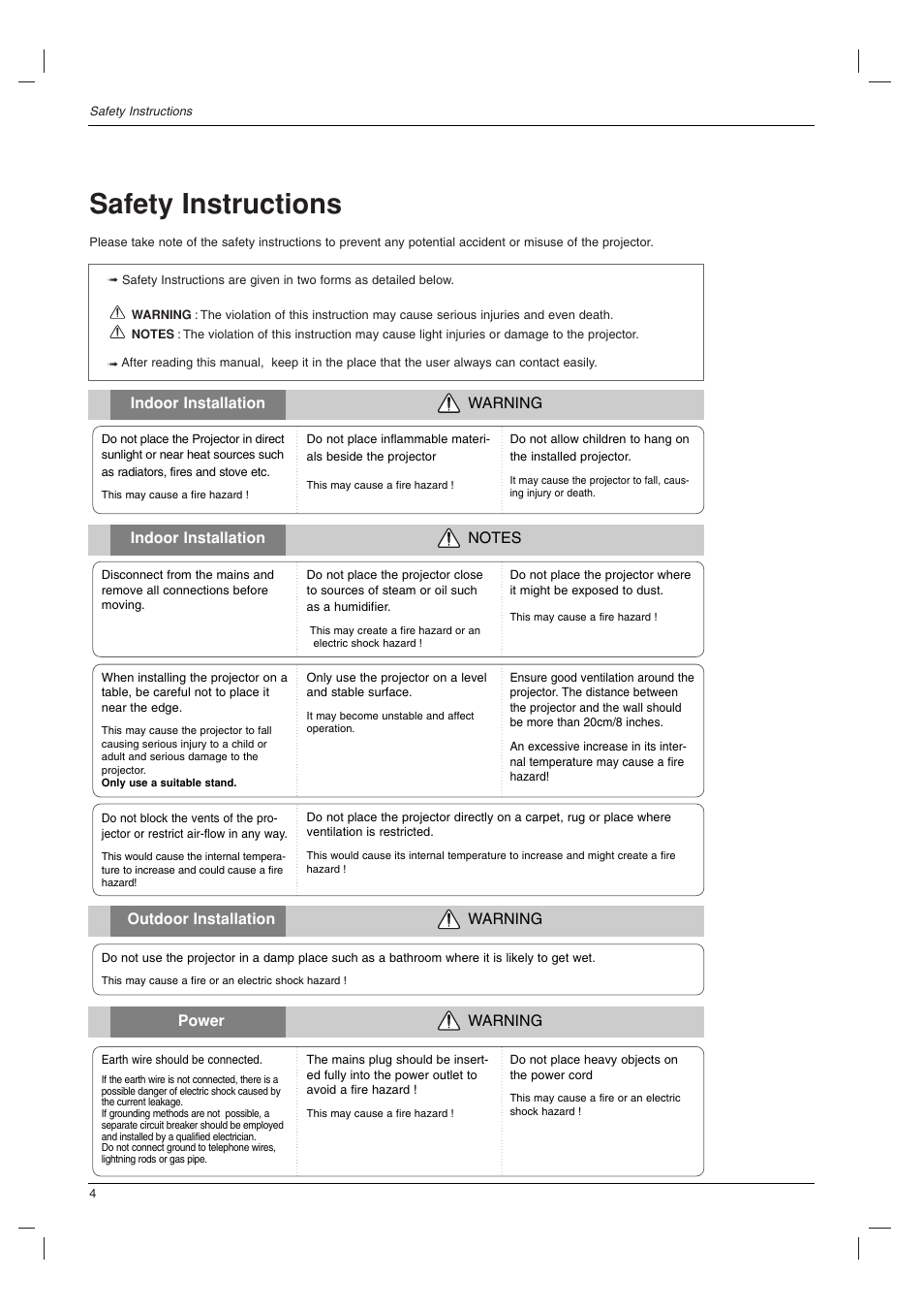 Safety instructions | LG BX220-JD User Manual | Page 4 / 36