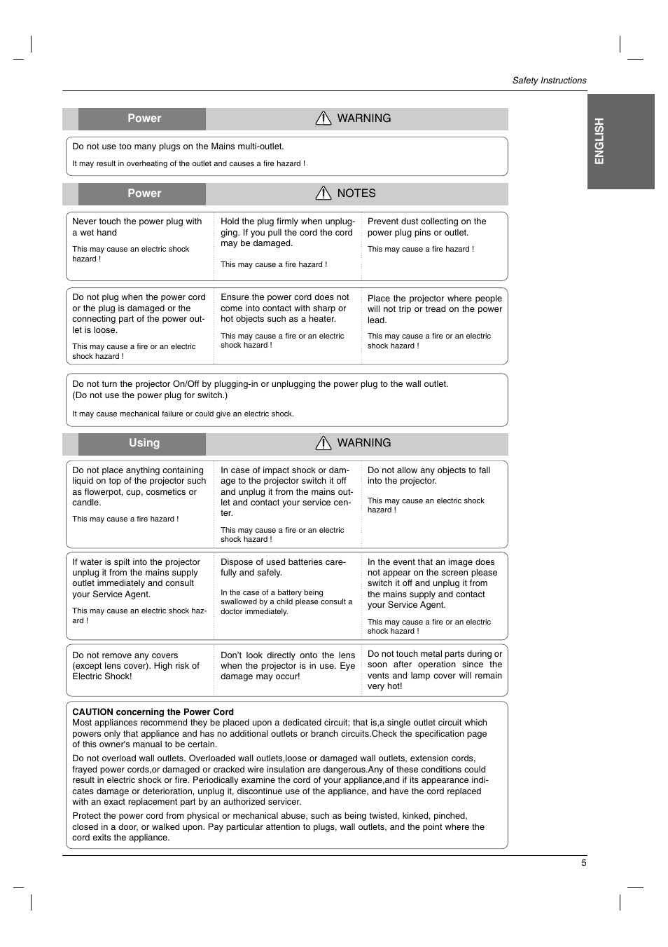 English using warning, Power warning | LG BX220-JD User Manual | Page 5 / 36