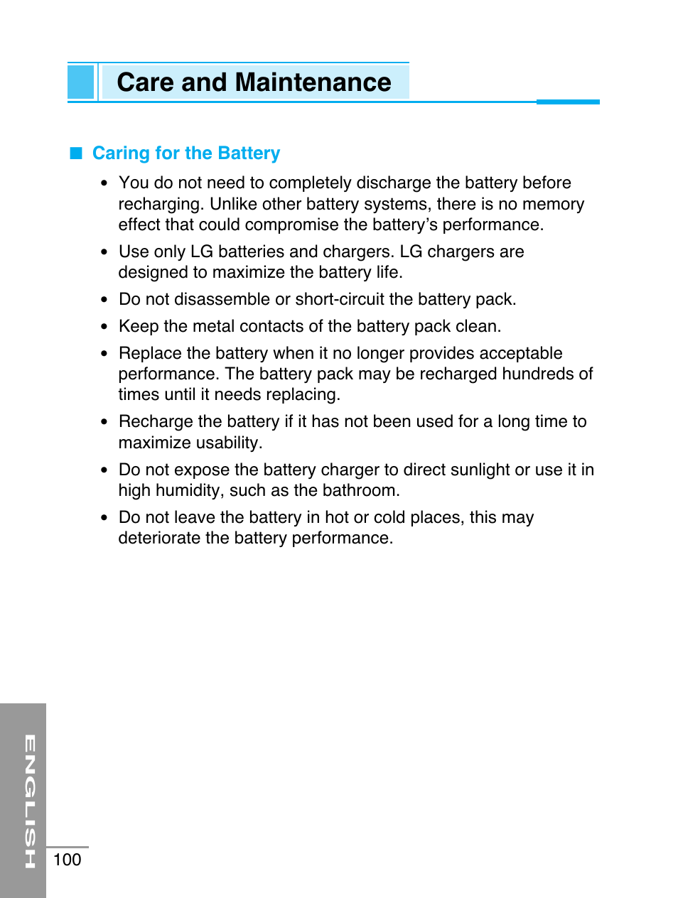 Care and maintenance | LG G5220 User Manual | Page 100 / 102