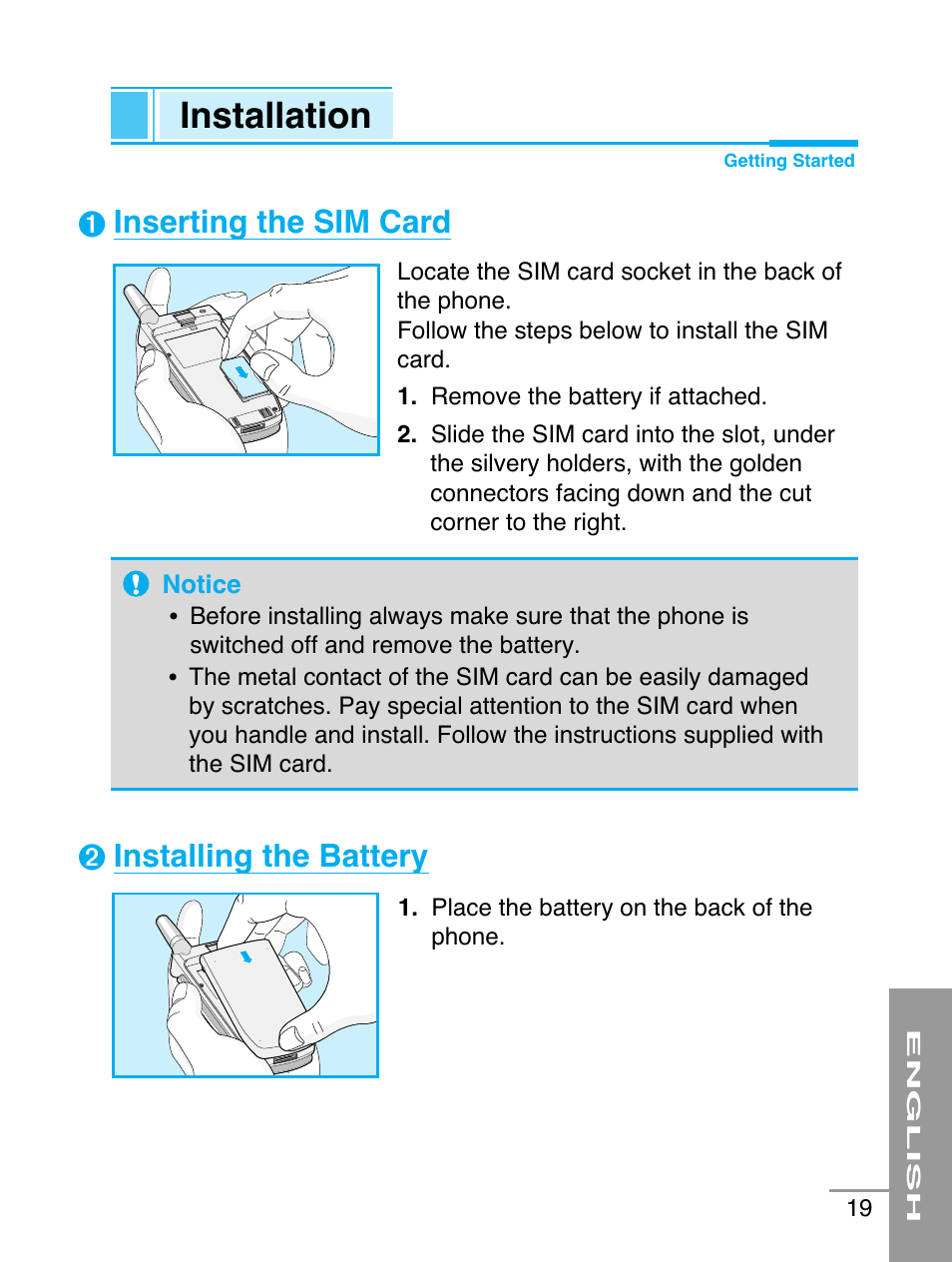 Installation, Inserting the sim card, Installing the battery | LG G5220 User Manual | Page 19 / 102