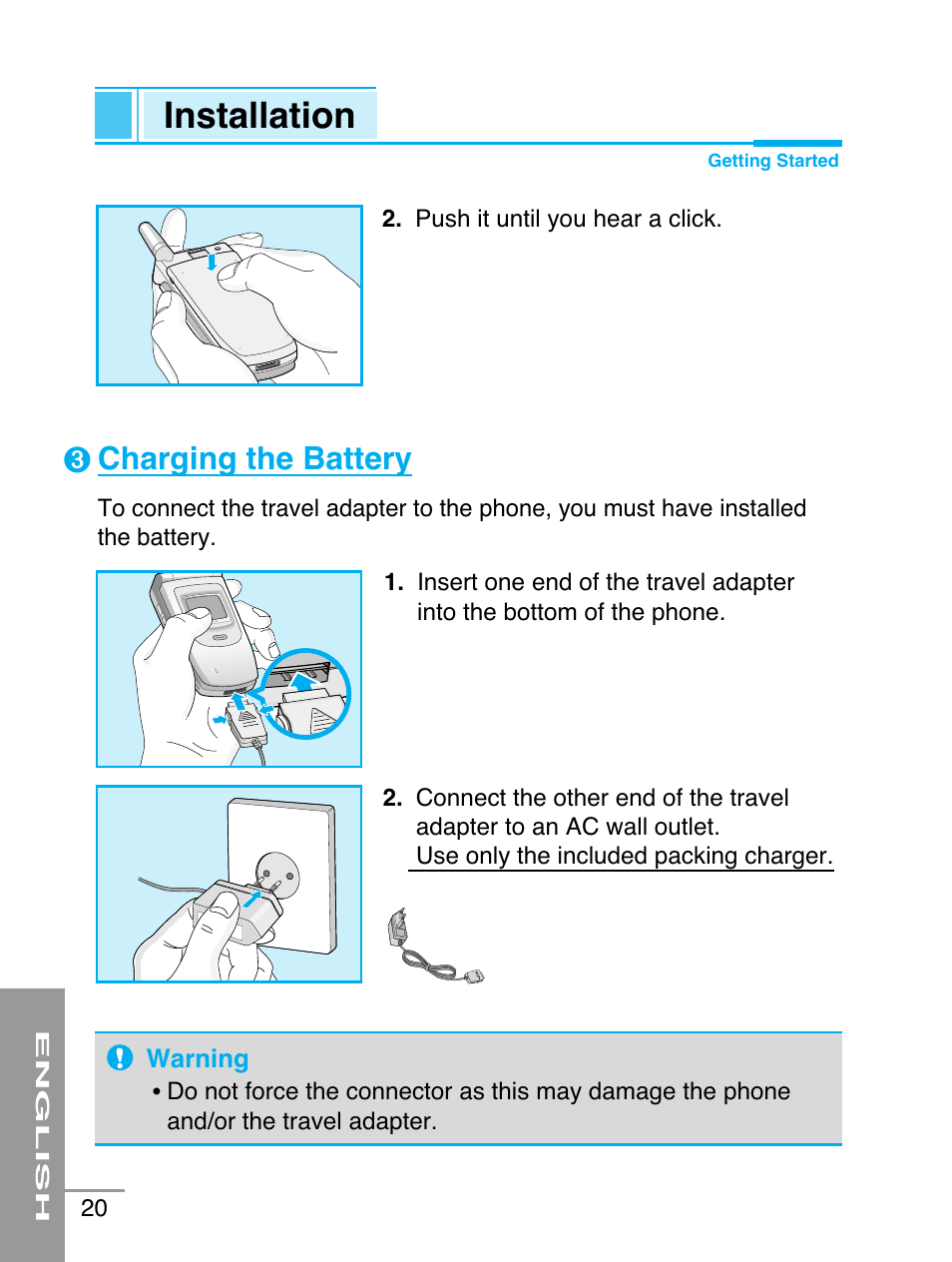 Installation, Charging the battery | LG G5220 User Manual | Page 20 / 102