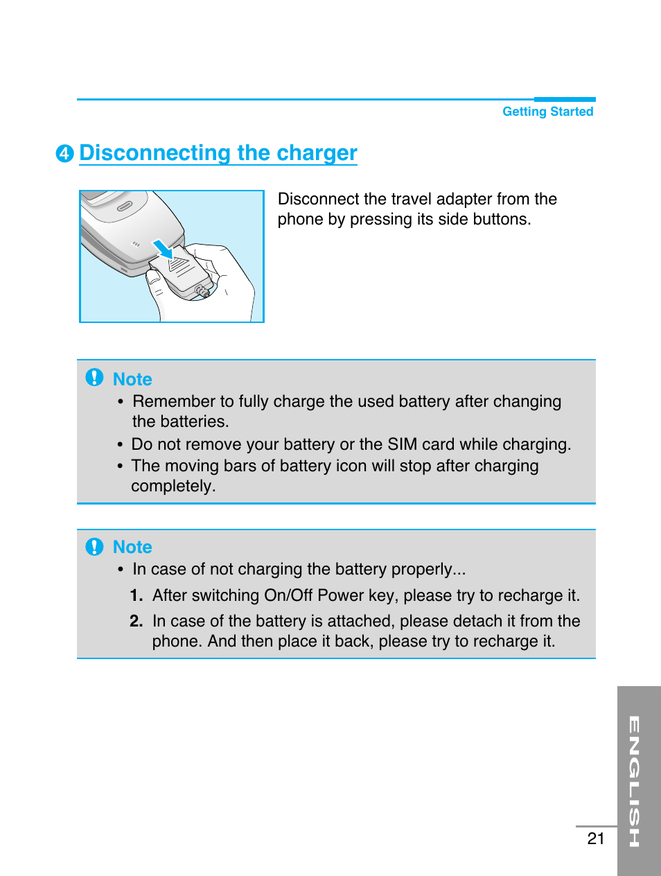 Disconnecting the charger | LG G5220 User Manual | Page 21 / 102