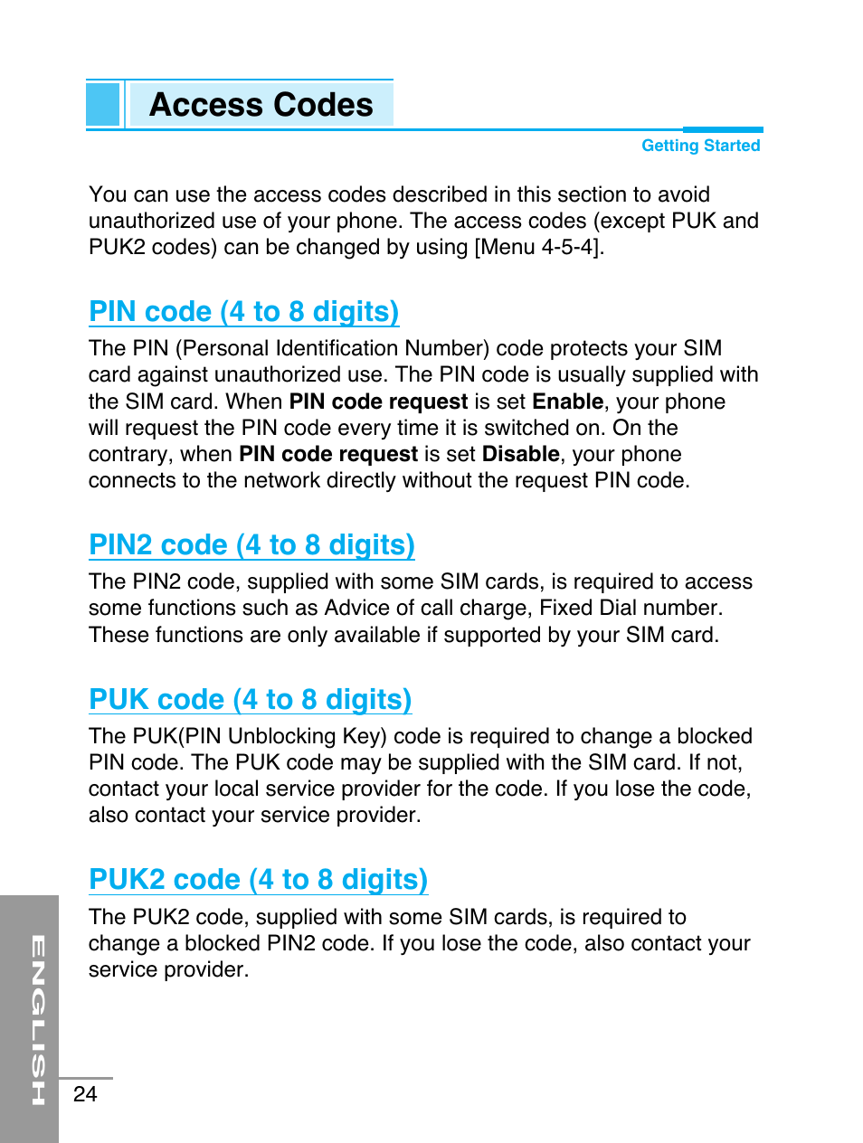 Access codes, Pin code (4 to 8 digits), Pin2 code (4 to 8 digits) | Puk code (4 to 8 digits), Puk2 code (4 to 8 digits) | LG G5220 User Manual | Page 24 / 102