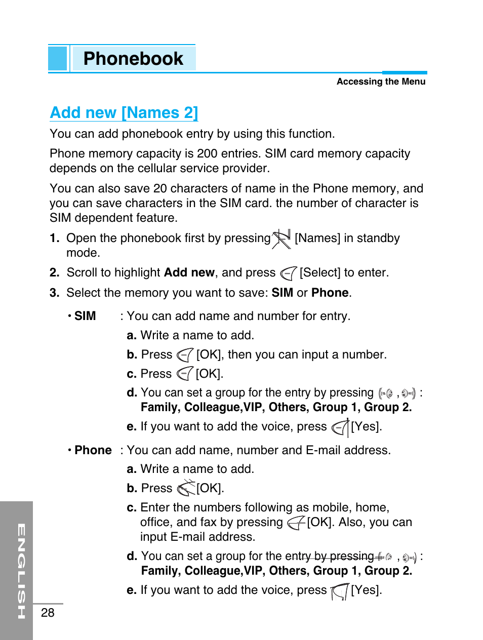 Phonebook, Add new [names 2 | LG G5220 User Manual | Page 28 / 102