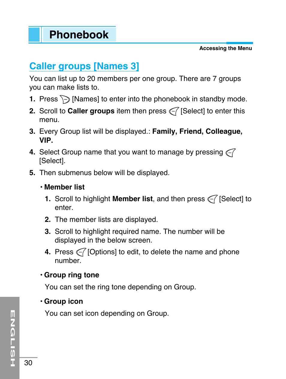 Phonebook, Caller groups [names 3 | LG G5220 User Manual | Page 30 / 102