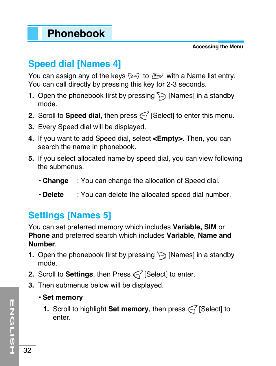 Phonebook, Speed dial [names 4, Settings [names 5 | LG G5220 User Manual | Page 32 / 102