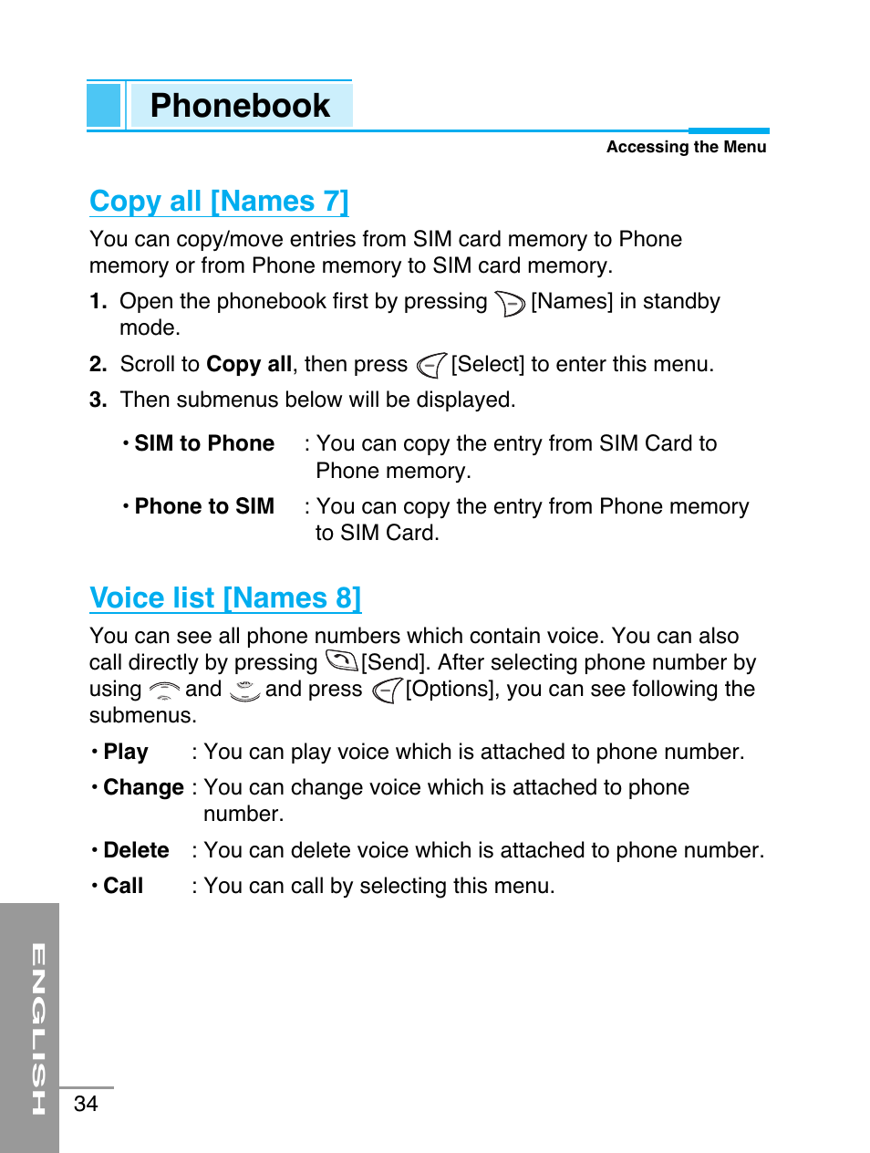 Phonebook, Copy all [names 7, Voice list [names 8 | LG G5220 User Manual | Page 34 / 102