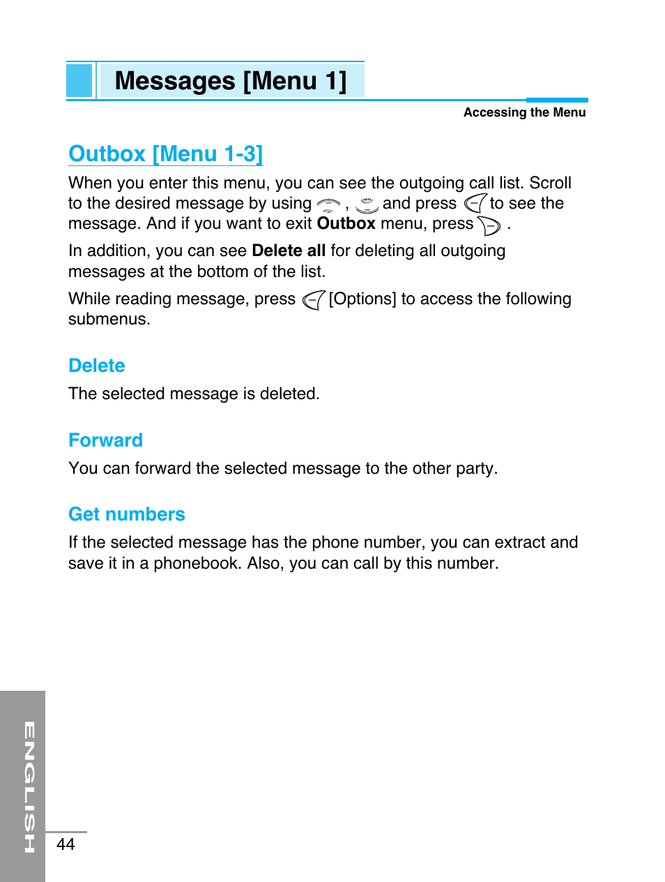 Messages [menu 1, Outbox [menu 1-3 | LG G5220 User Manual | Page 44 / 102