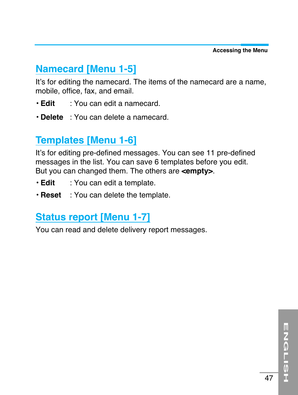 Namecard [menu 1-5, Templates [menu 1-6, Status report [menu 1-7 | LG G5220 User Manual | Page 47 / 102