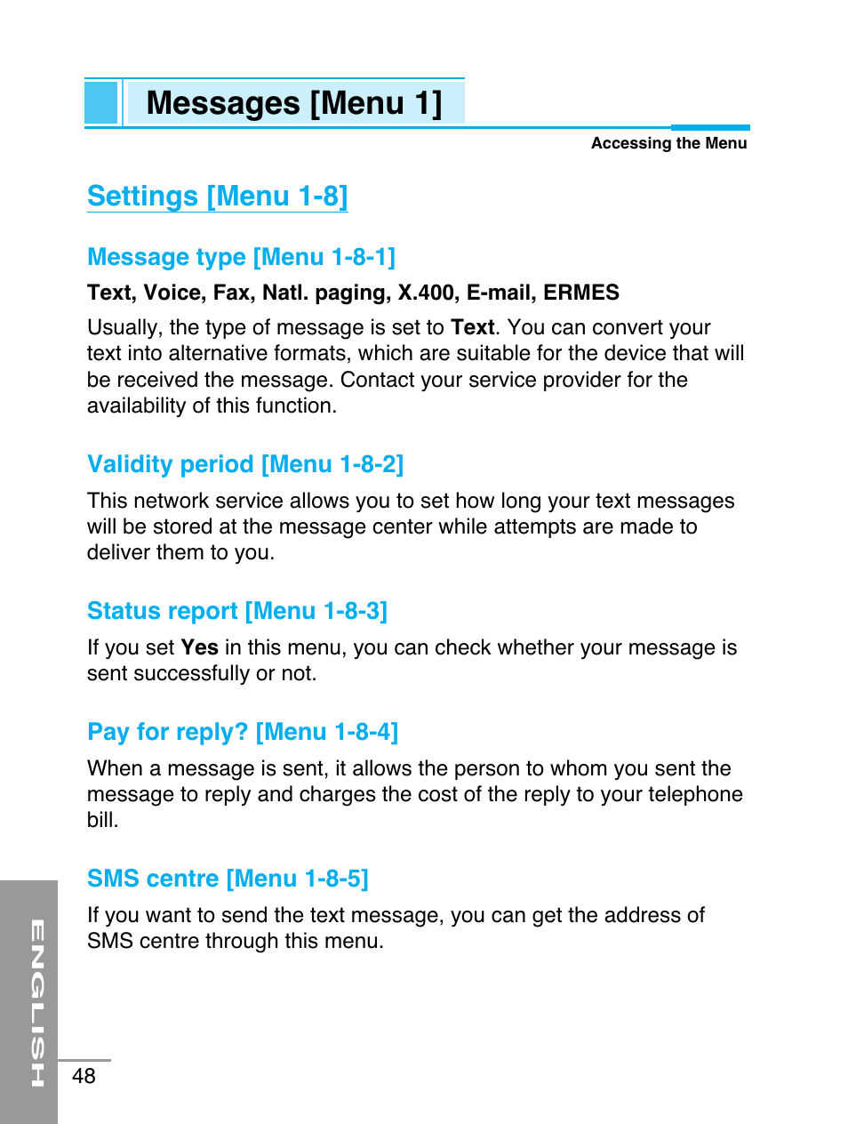 Messages [menu 1, Settings [menu 1-8 | LG G5220 User Manual | Page 48 / 102