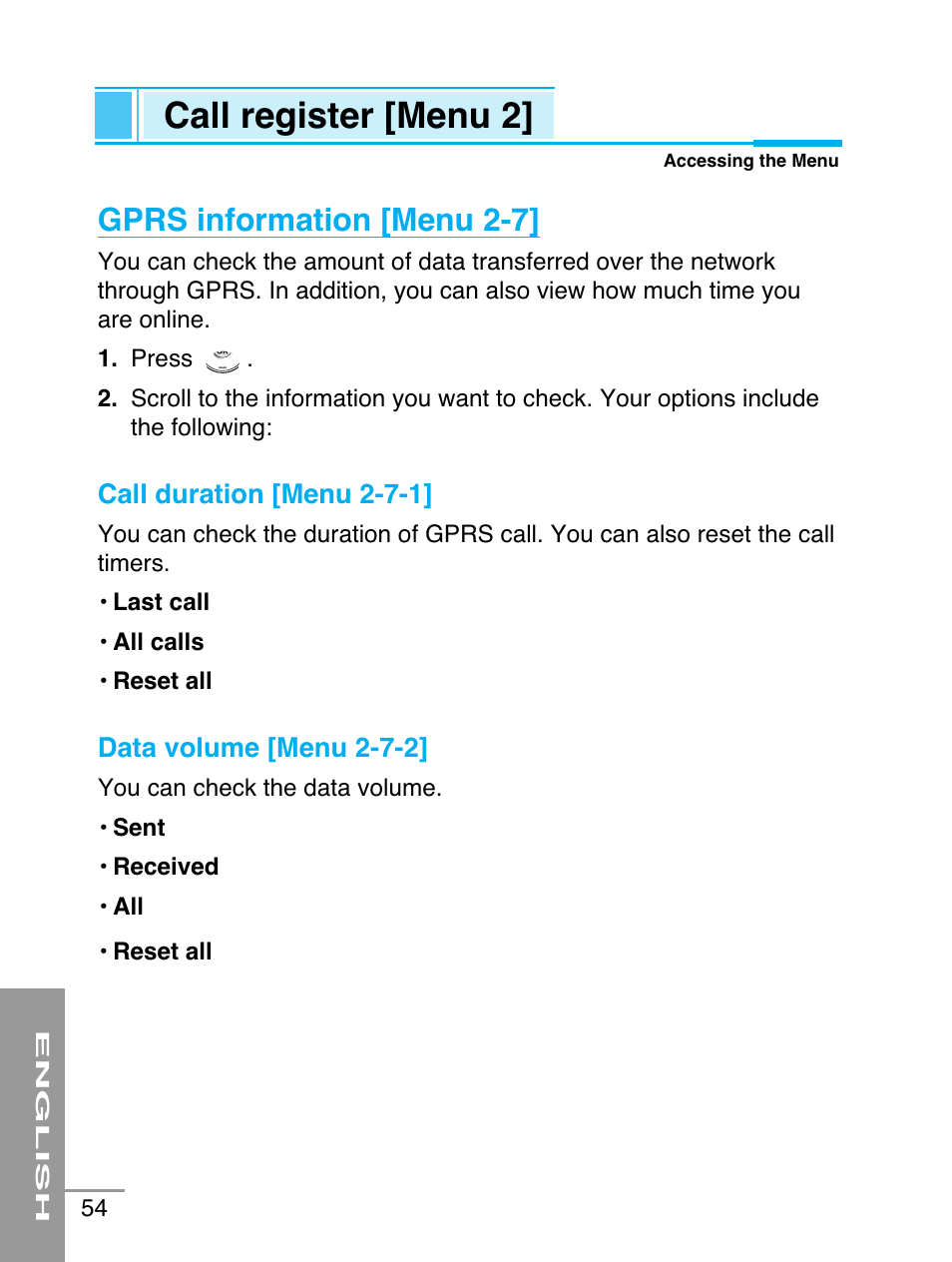 Call register [menu 2, Gprs information [menu 2-7 | LG G5220 User Manual | Page 54 / 102