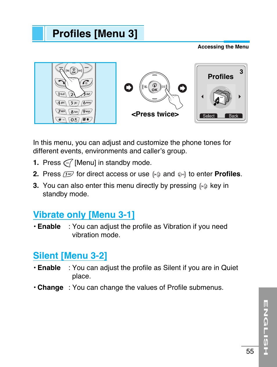 Profiles [menu 3, Vibrate only [menu 3-1, Silent [menu 3-2 | LG G5220 User Manual | Page 55 / 102