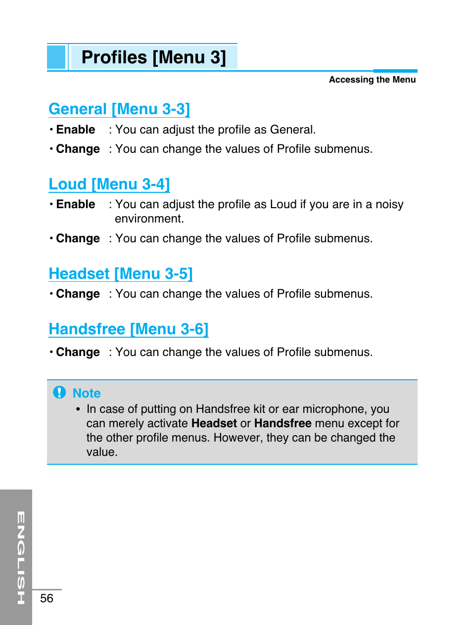 Profiles [menu 3, General [menu 3-3, Loud [menu 3-4 | Headset [menu 3-5, Handsfree [menu 3-6 | LG G5220 User Manual | Page 56 / 102