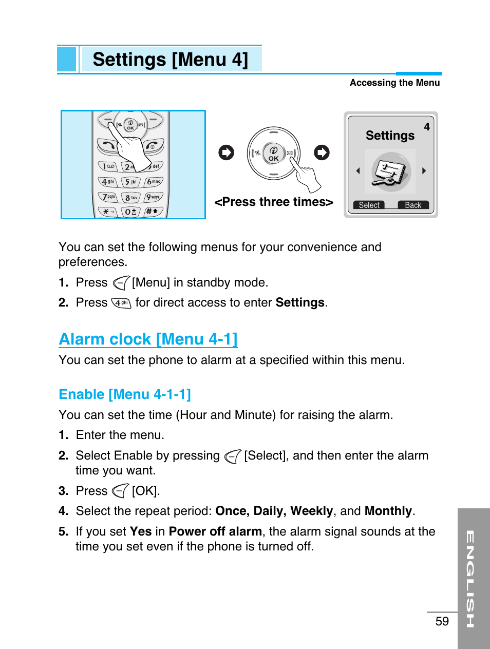 Settings [menu 4, Alarm clock [menu 4-1 | LG G5220 User Manual | Page 59 / 102