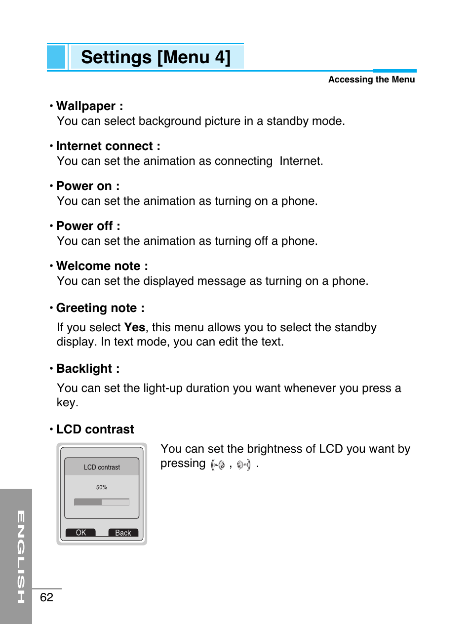 Settings [menu 4 | LG G5220 User Manual | Page 62 / 102