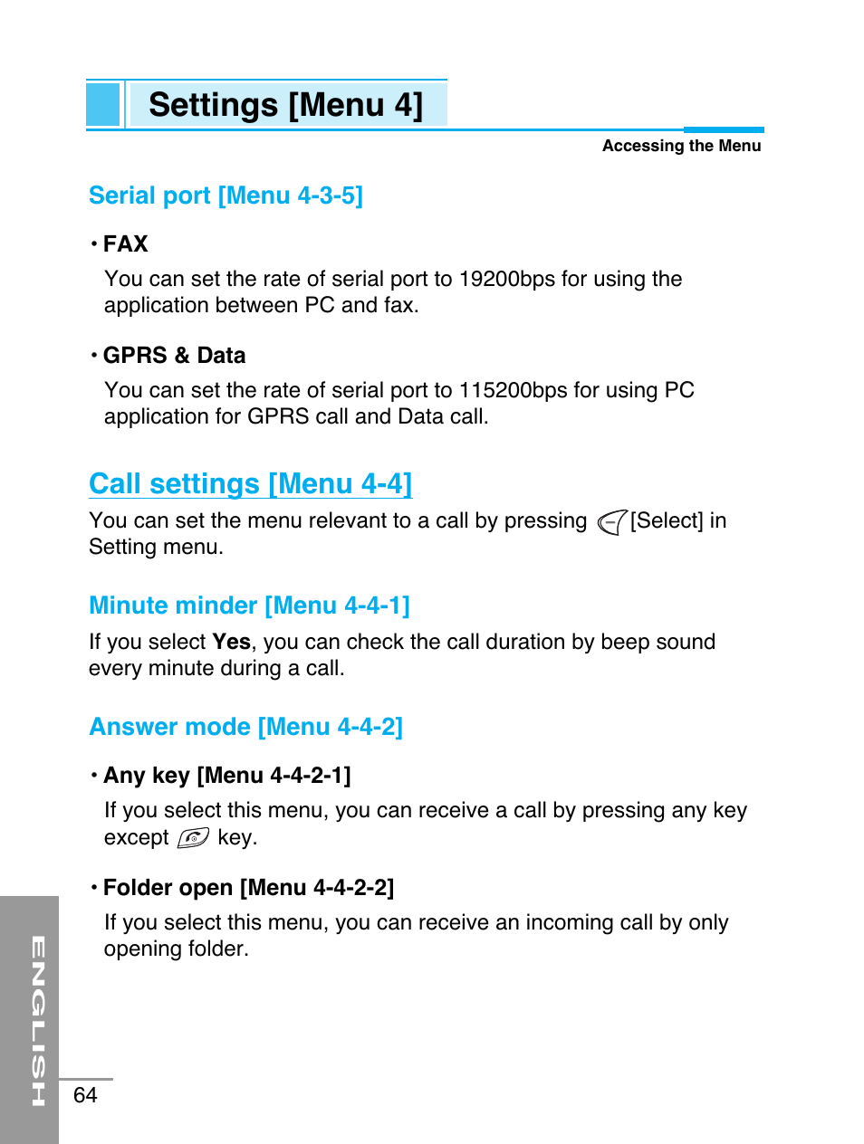 Settings [menu 4, Call settings [menu 4-4 | LG G5220 User Manual | Page 64 / 102