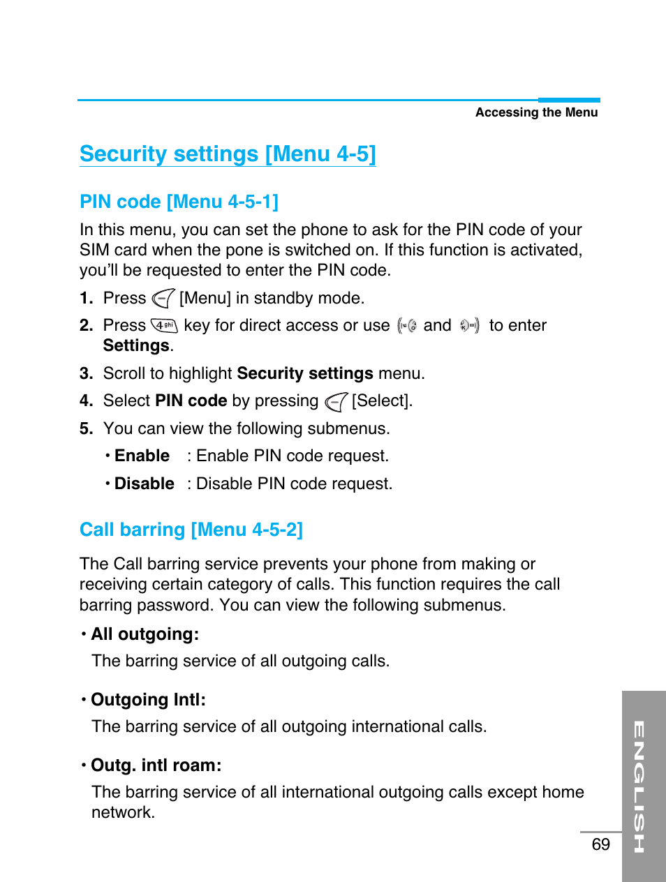 Security settings [menu 4-5 | LG G5220 User Manual | Page 69 / 102