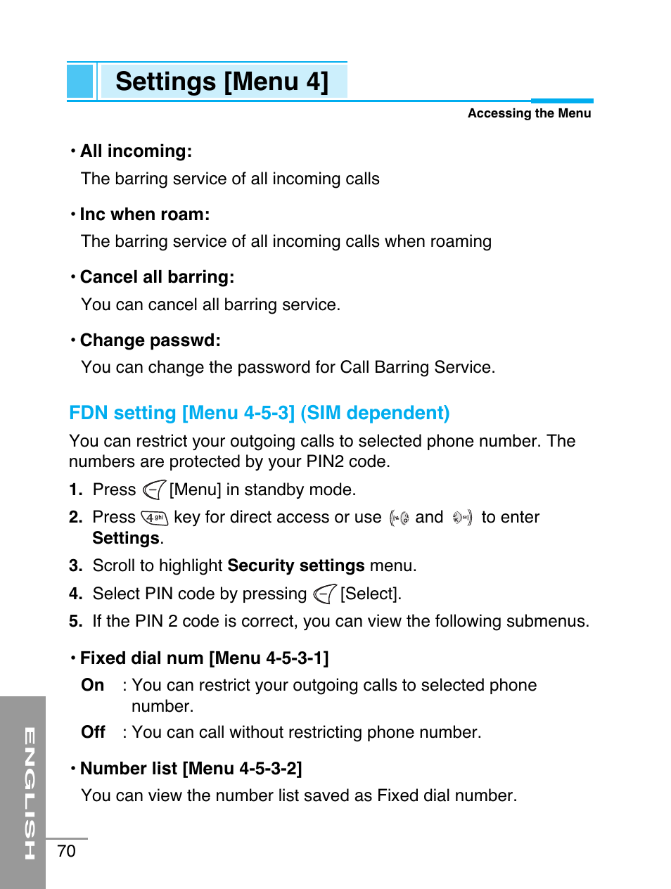 Settings [menu 4 | LG G5220 User Manual | Page 70 / 102