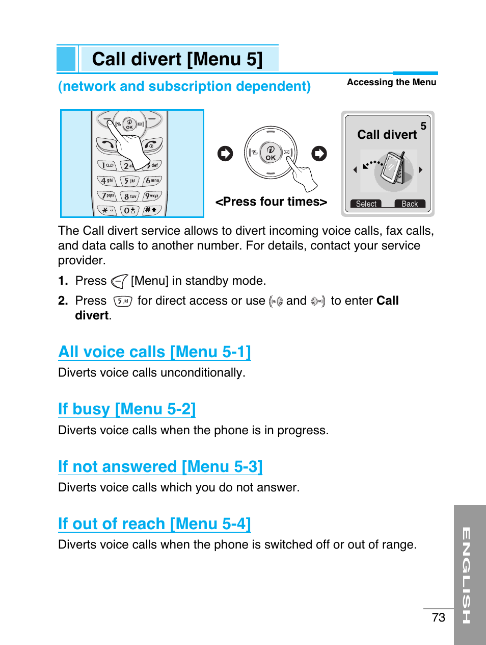 Call divert [menu 5, All voice calls [menu 5-1, If busy [menu 5-2 | If not answered [menu 5-3, If out of reach [menu 5-4 | LG G5220 User Manual | Page 73 / 102