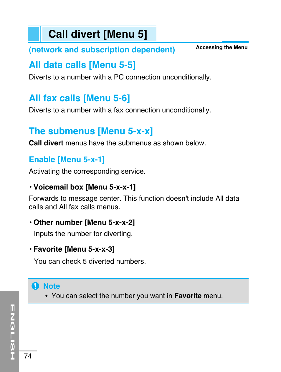 Call divert [menu 5, All data calls [menu 5-5, All fax calls [menu 5-6 | The submenus [menu 5-x-x | LG G5220 User Manual | Page 74 / 102