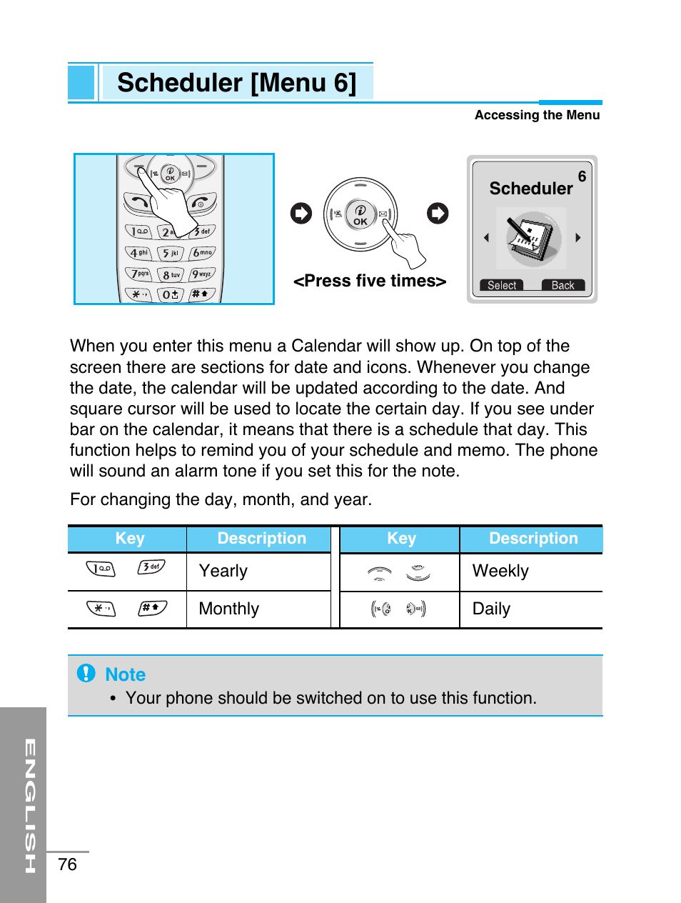 Scheduler [menu 6 | LG G5220 User Manual | Page 76 / 102