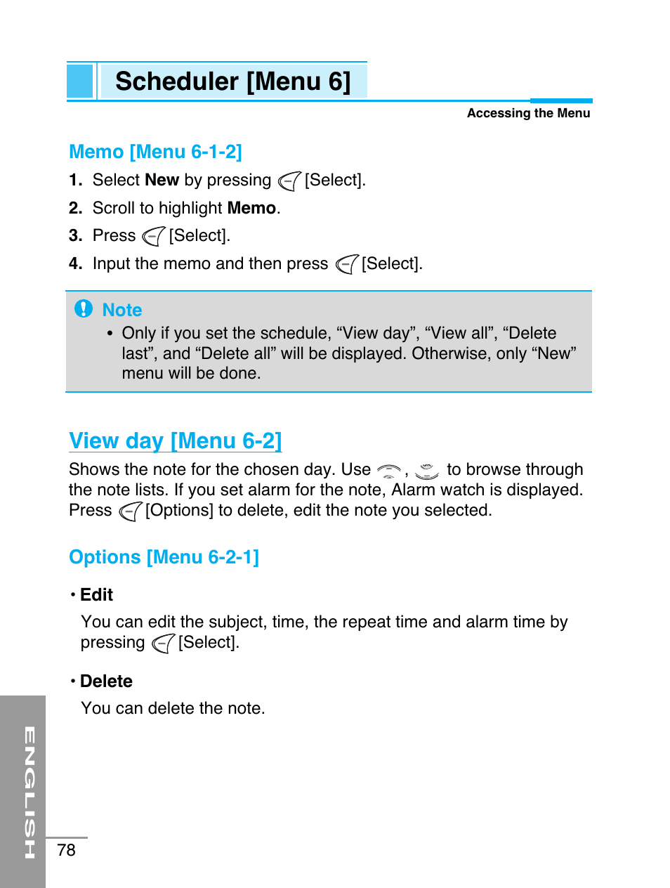 Scheduler [menu 6, View day [menu 6-2 | LG G5220 User Manual | Page 78 / 102