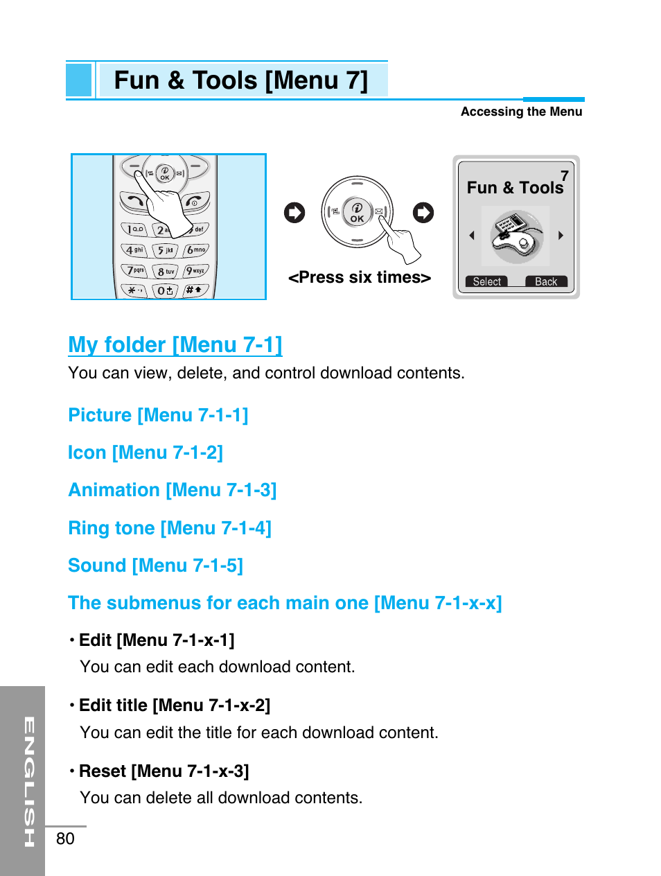 Fun & tools [menu 7, My folder [menu 7-1 | LG G5220 User Manual | Page 80 / 102