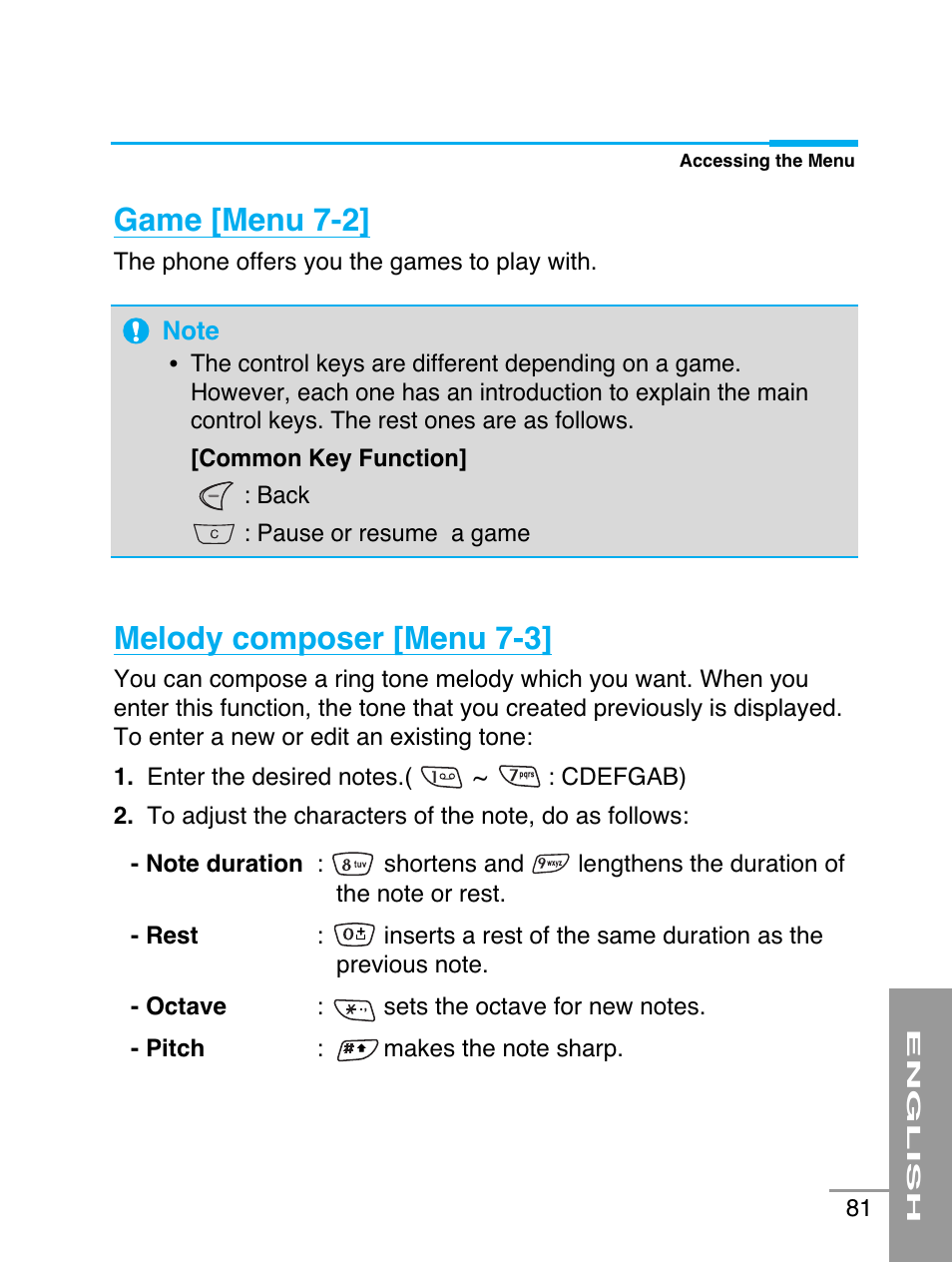 Game [menu 7-2, Melody composer [menu 7-3 | LG G5220 User Manual | Page 81 / 102