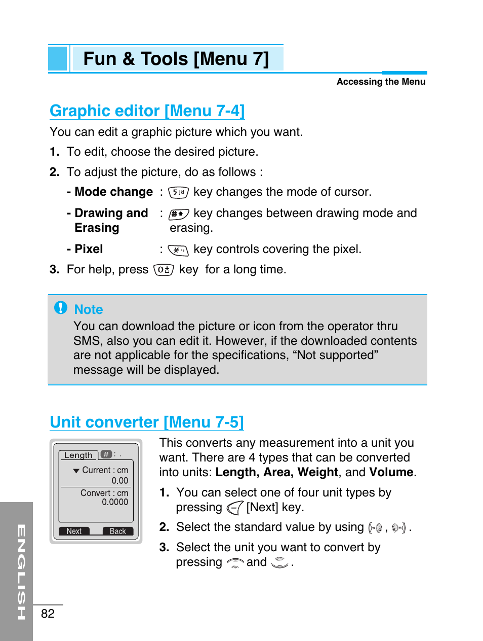 Fun & tools [menu 7, Graphic editor [menu 7-4, Unit converter [menu 7-5 | LG G5220 User Manual | Page 82 / 102